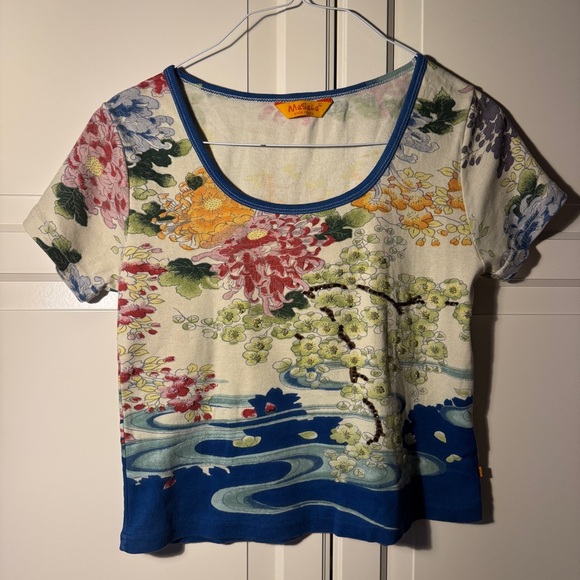 Vintage beaded Multicolor Japanese inspired Floral Crop T-shirt - fits like L - Picture 1 of 14